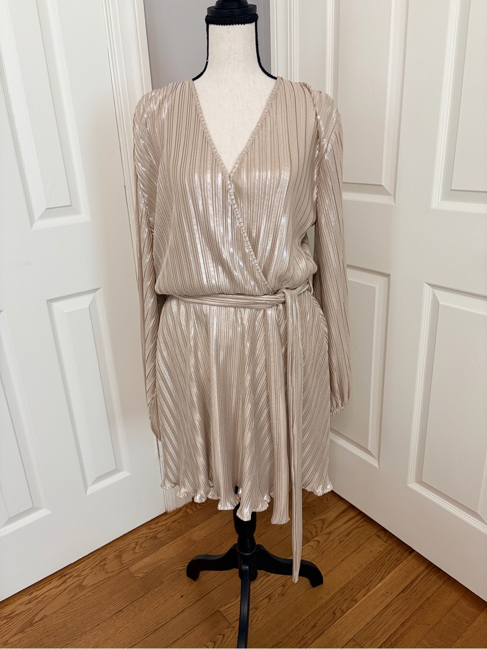 Bardot Metallic Pleated Wrap Dress in Champagne Beige